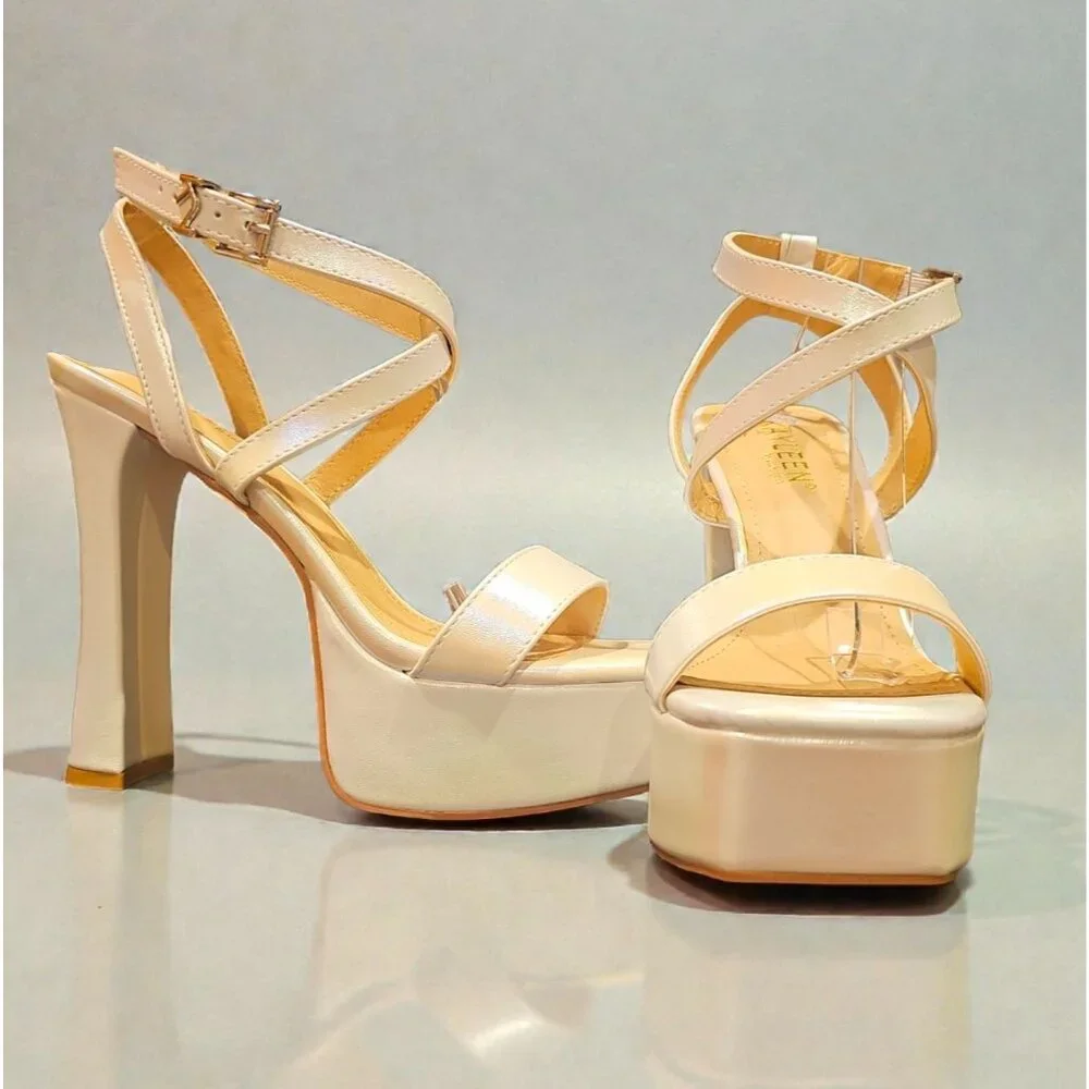 Iridescent Pearl Platform High Heel Strappy Sandals With Ankle Buckle - Picture 3 of 8